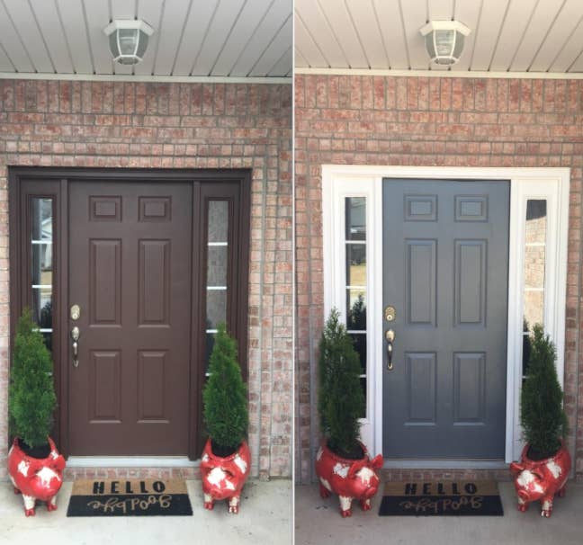 A reviewer's front door was originally brown, then they used the paint to make the door frame white and the door itself gray