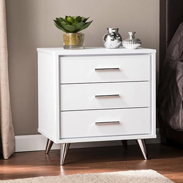 The square white nightstand with silver legs and hardware