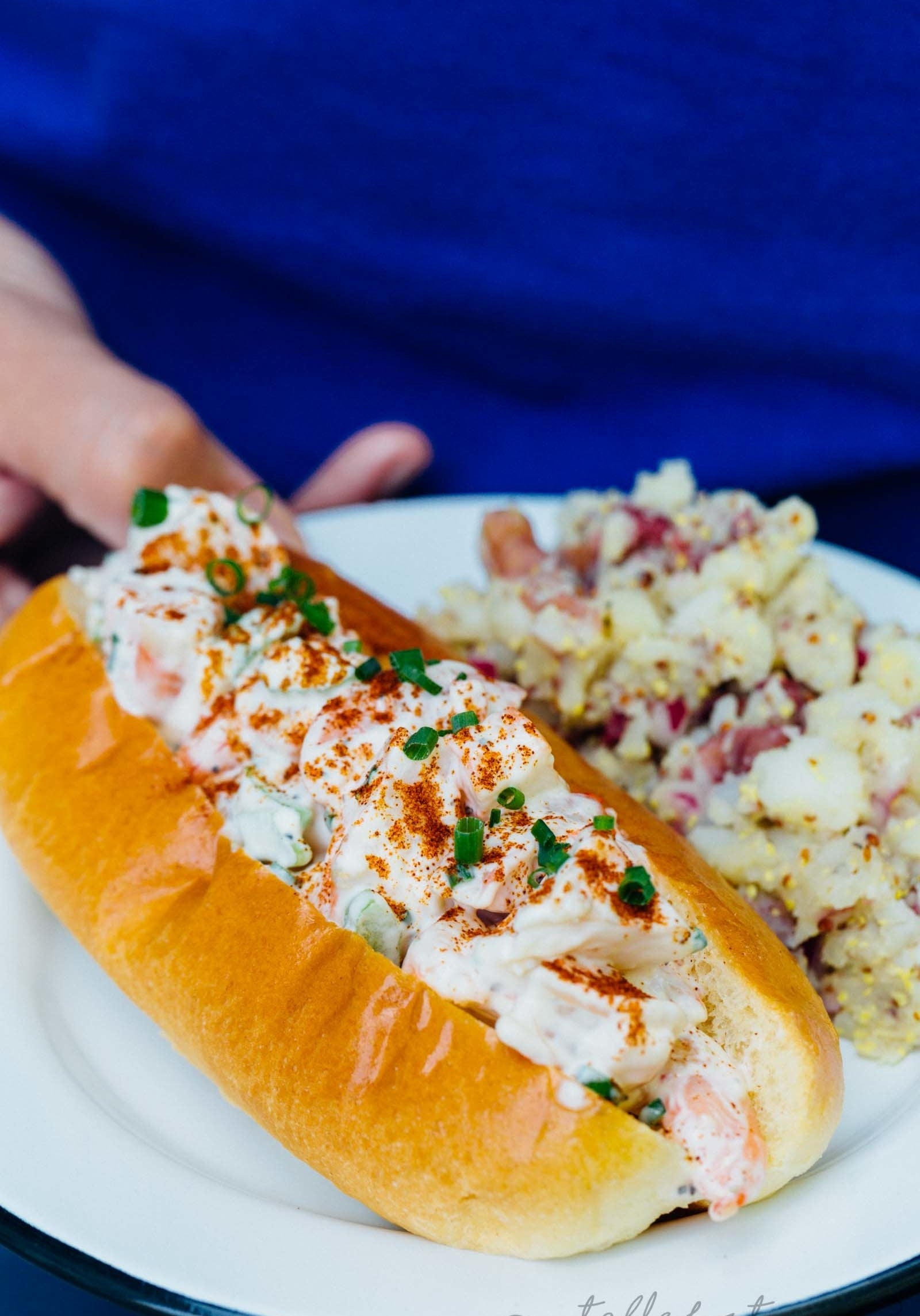 A hot dog roll filled with shrimp tossed in a mayo-based dressing with chives and potato salad on the side.