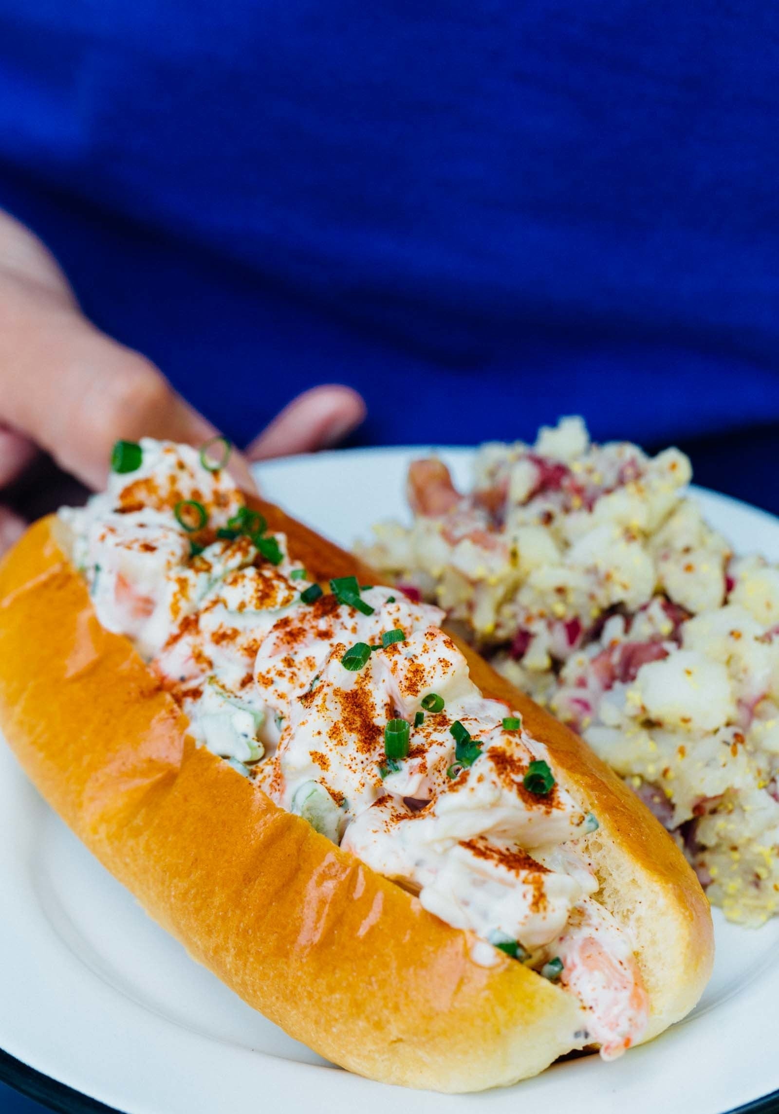 A hot dog roll filled with shrimp tossed in a mayo-based dressing with chives and potato salad on the side.