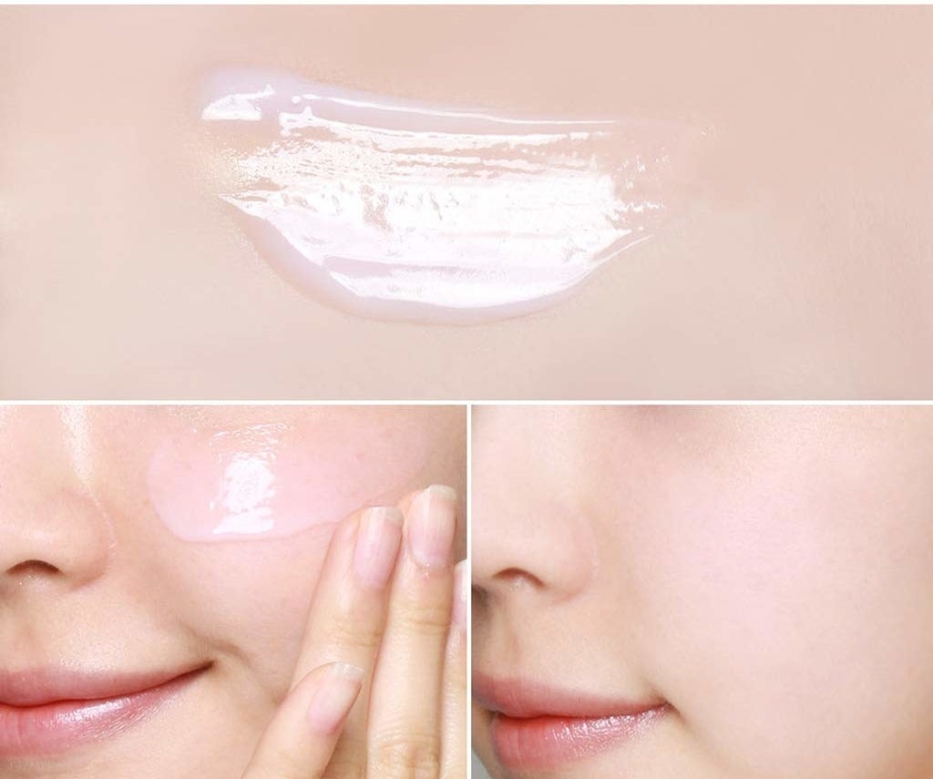 picture of the primer&#x27;s smooth silky texture on skin, then a picture of it blended into skin,  making pores invisible 