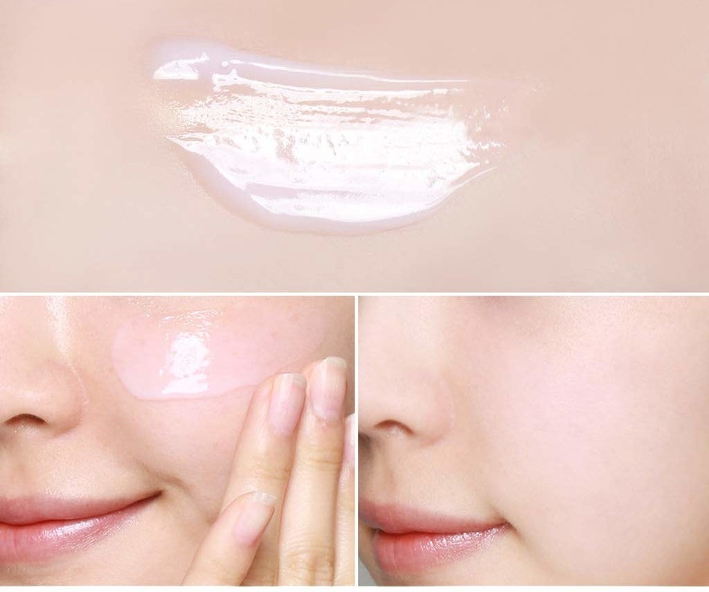 picture of the primer&#x27;s smooth silky texture on skin, then a picture of it blended into skin,  making pores invisible 