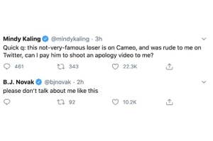 Mindy Kaling tweet: Quick q: this not-very-famous loser is on Cameo, and was rude to me on twitter, can I pay him to shoot an apology video to me? BJ Novak's tweet: Please don't talk about me like this