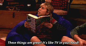 A girl reads a book and proclaims &quot;These things are great! It&#x27;s like TV in your head!&quot;