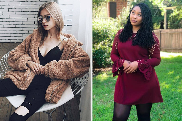 On the left, a model wearing a teddy bear coat. On the right, a reviewer in a burgundy tunic dress
