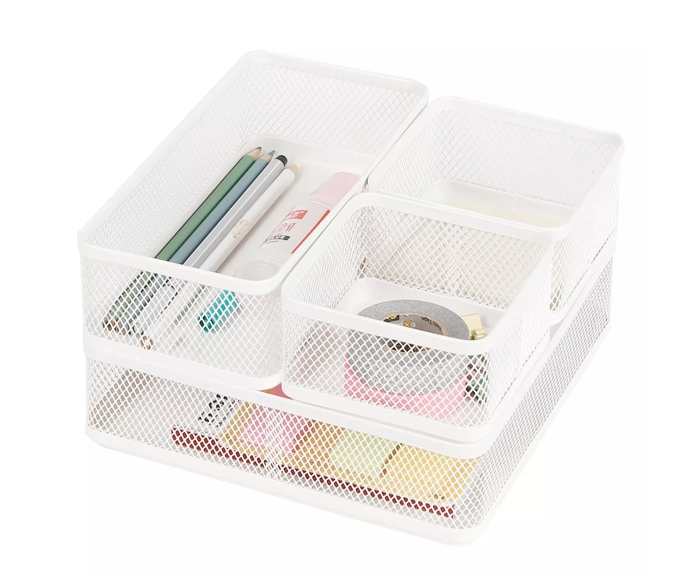 The white mesh organizer with the different parts full of office supplies 