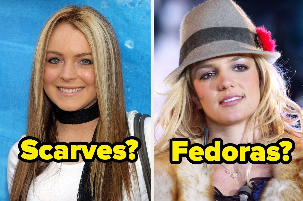 Lindsay Lohan wearing a thin scarf and Britney Spears wearing a fedora
