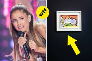 Ariana Grande grimacing at an expensive painting
