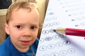 A very confused boy looking at a scantron