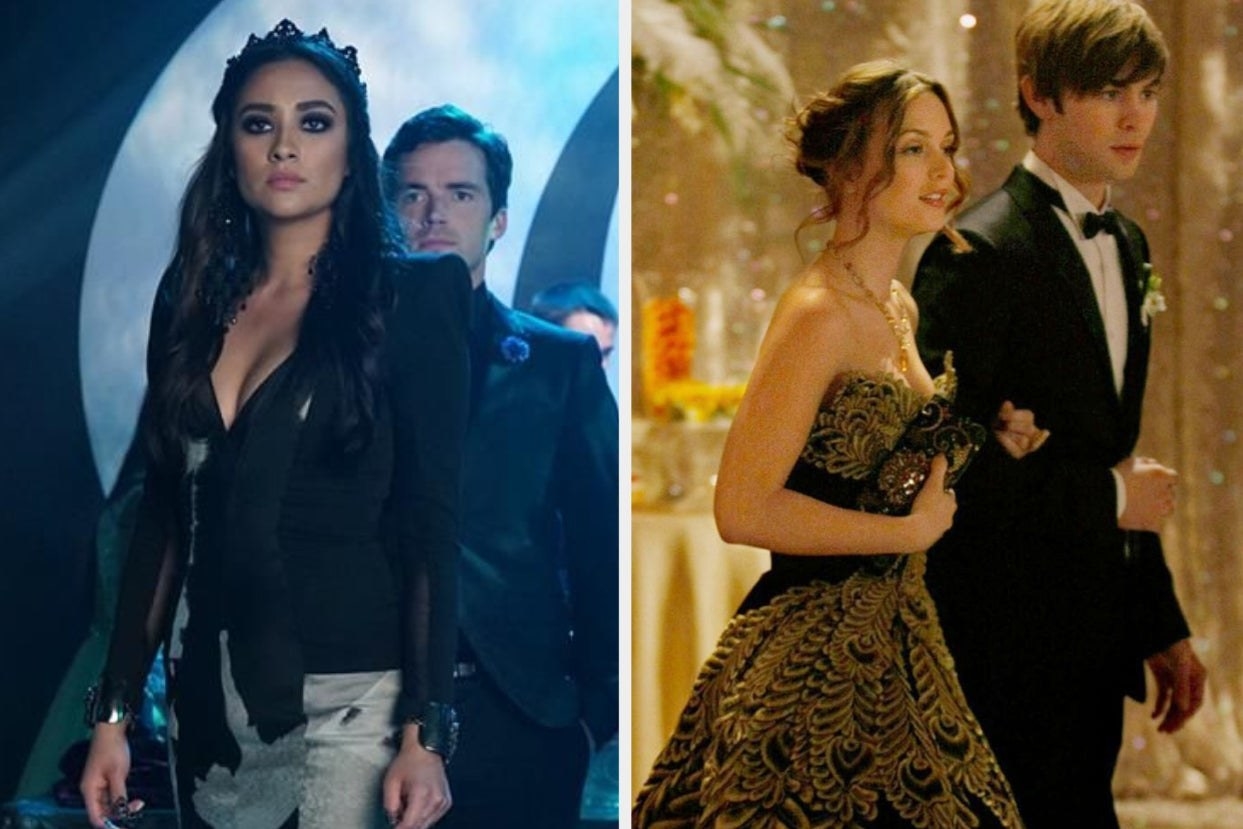 Emily from "Pretty Little Liars" and Blair from "Gossip Girl" both wearing prom dresses
