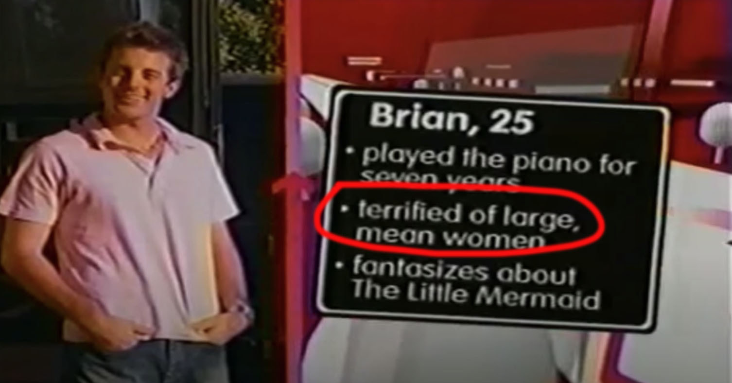 Brian posing with his facts on the right. One of them reads, &quot;terrified of large, mean women.&quot;