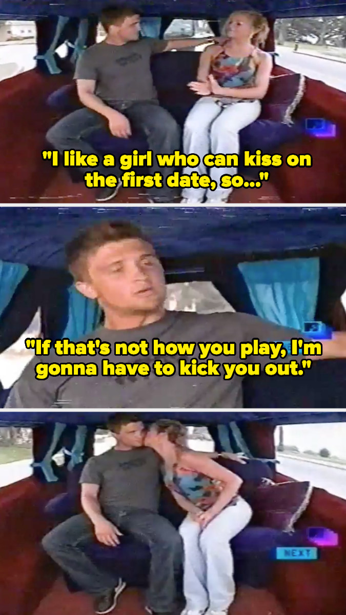 Guy telling a girl &quot;I like a girl who can kiss on the first date, so if that&#x27;s not how you play, I&#x27;m gonna have to kick you out.&quot;