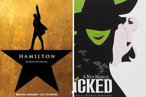 The album covers of Hamilton and Wicked