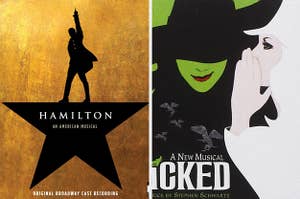 The album covers of Hamilton and Wicked