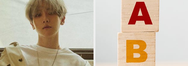 Baekhyun looks into the camera next to an image of three blocks stacked on top of each other with letters on them