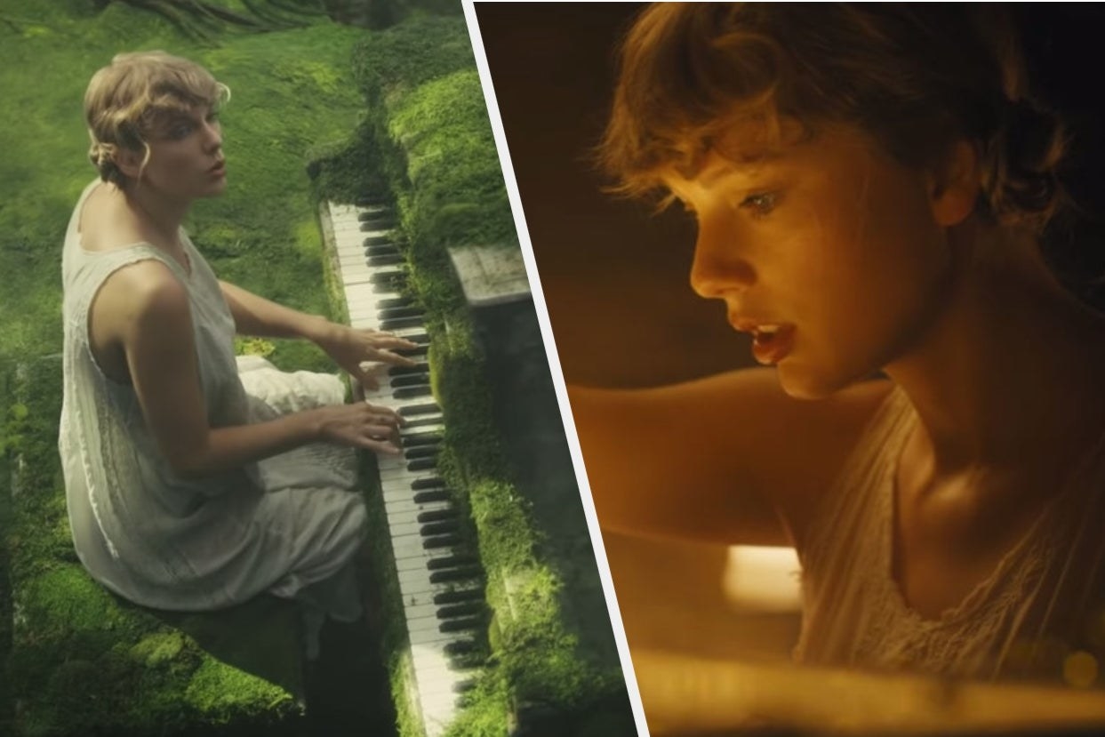 two stills from &quot;cardigan&quot; — one with Taylor at the moss-covered piano and one where she opens the piano and it&#x27;s glowing