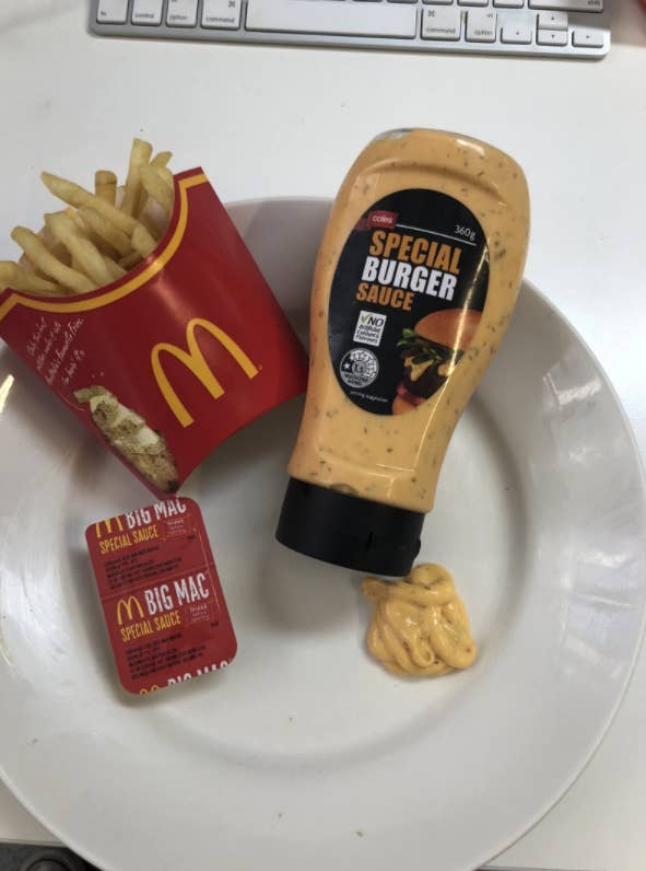 A plate filled with Mcdonald&#x27;s chips and Big Mac special sauce, as well as the Special Burger Sauce from Coles