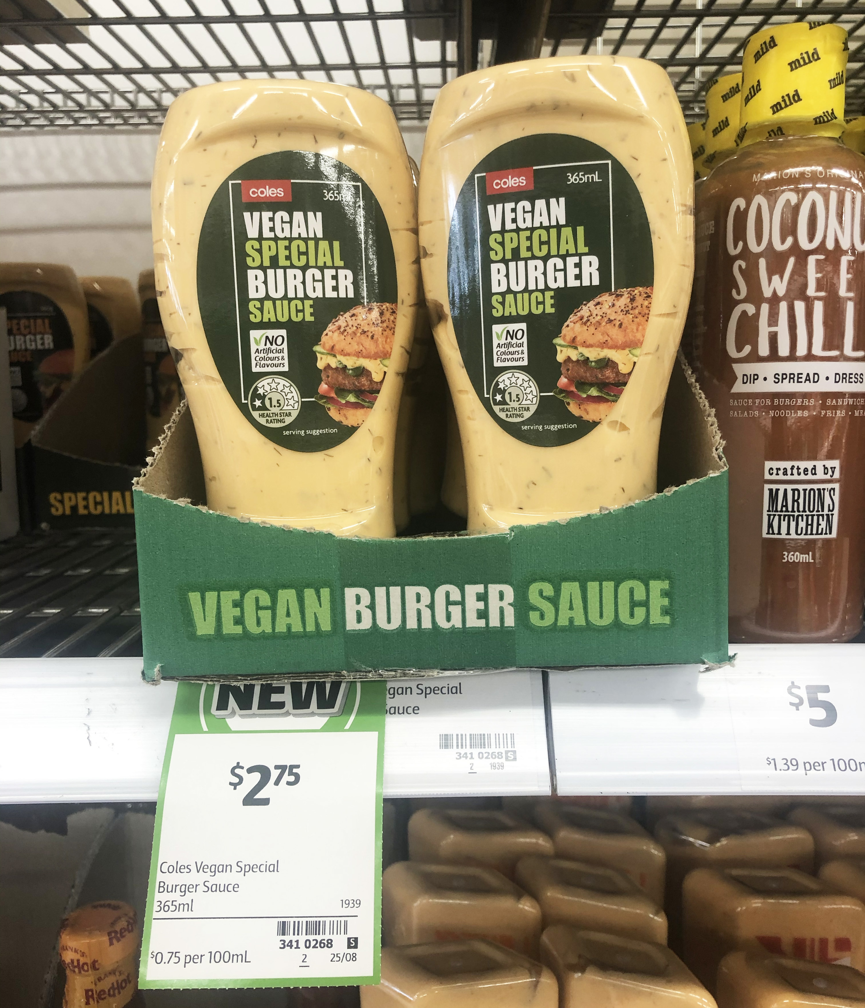 A picture showing the Vegan Special Burger Sauce on a shelf at Coles