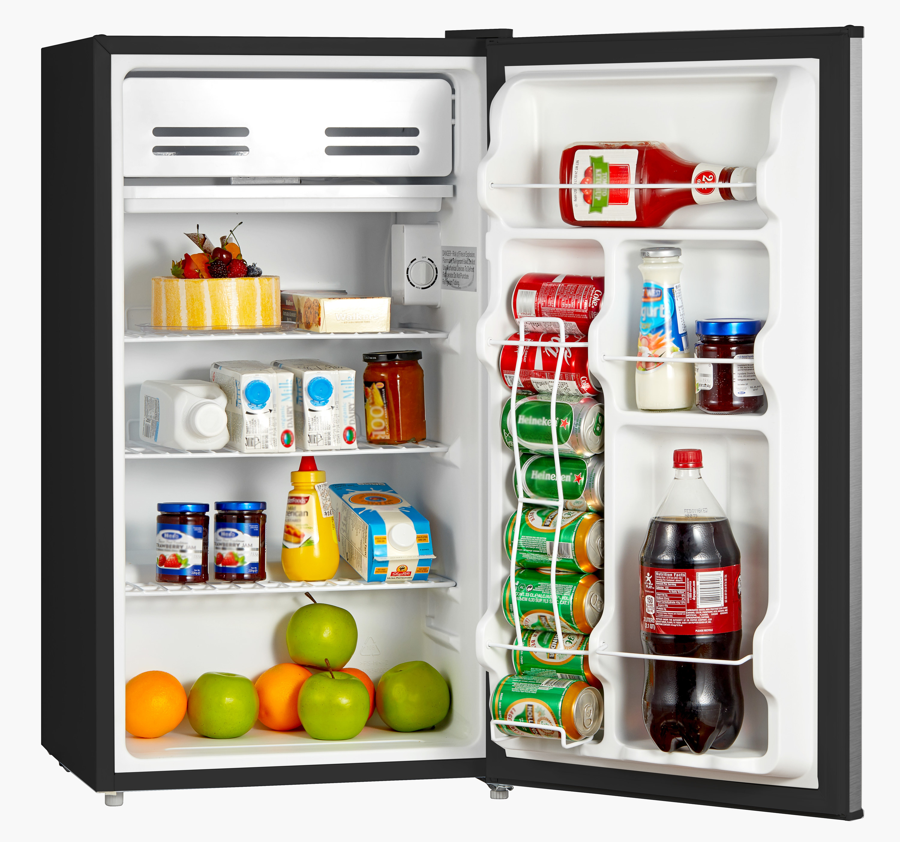 The interior of the mini fridge, featuring three shelves and bottle storage and can dispenser on the door