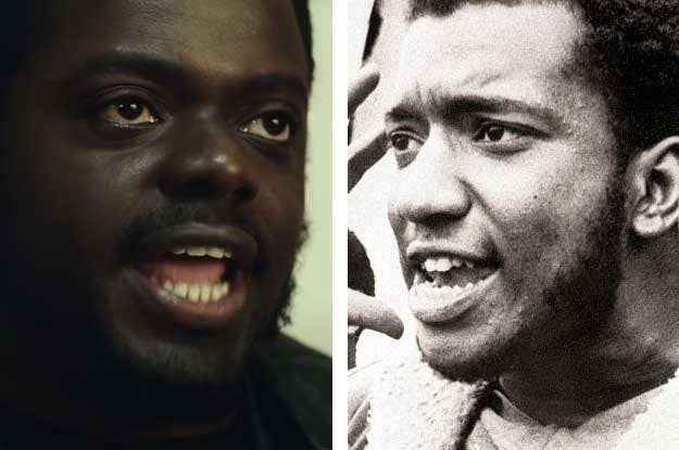 Still frame of Daniel Kaluuya side by side with a historical photo of the real Fred Hampton