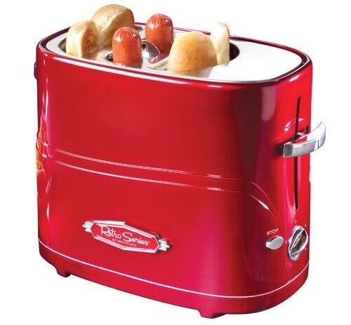 a red hot dog cooker that looks a bit like a toaster