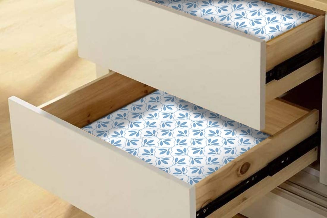 Two drawers lined with patterned drawer liners