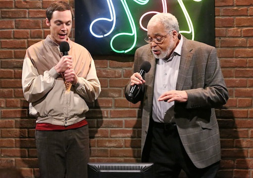Jim Parsons as Sheldon singing alongside James Earl Jones in The Big Bang Theory
