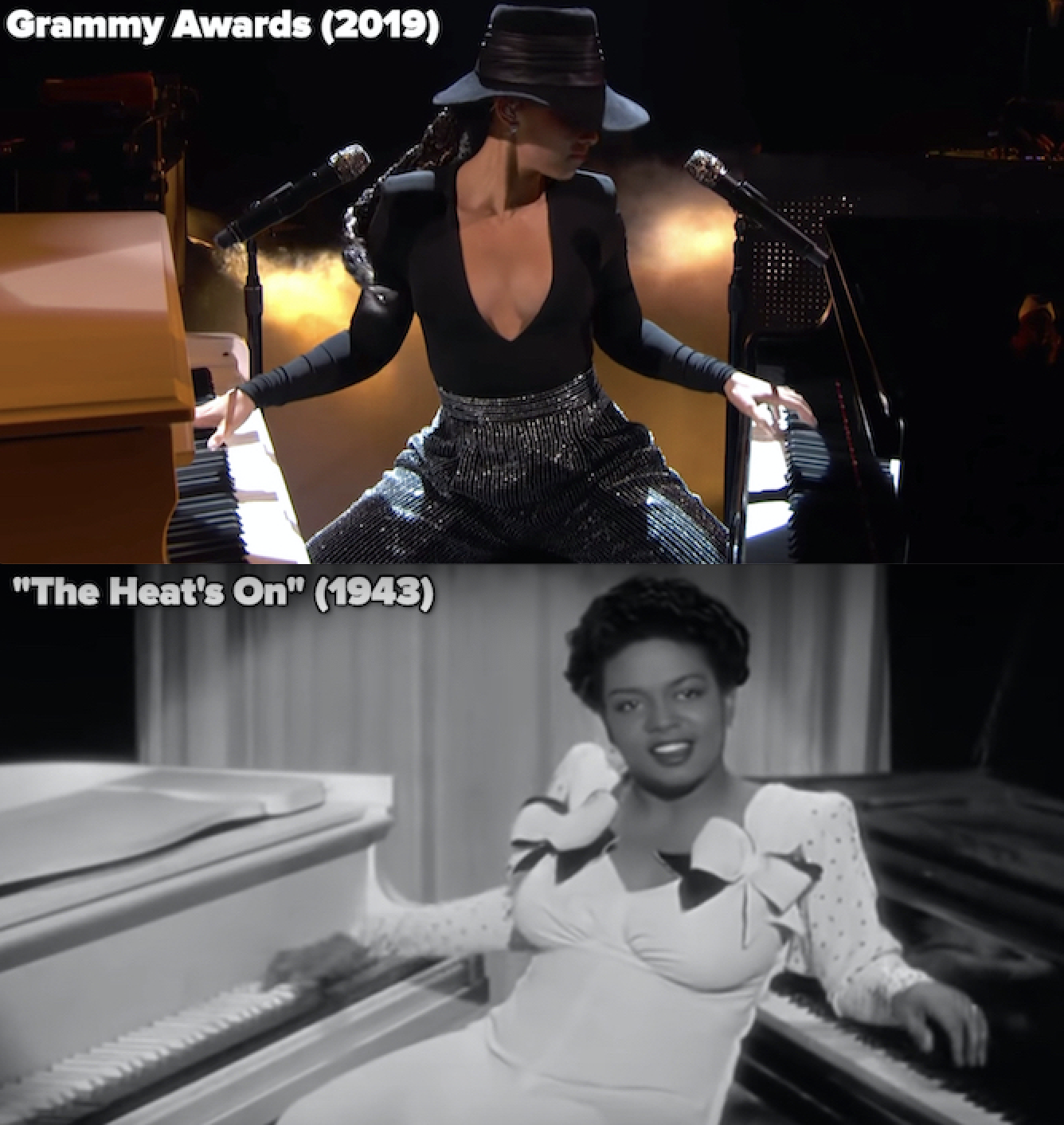 Alicia Keys playing a white piano and a black piano at the same time; Hazel Scott playing a white piano and a black piano at the same time in &quot;The Heat&#x27;s On&quot;