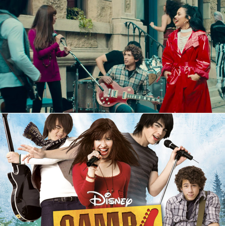 Demi Lovato walking down the street and admiring a younger version of herself during the &quot;Camp Rock&quot; days