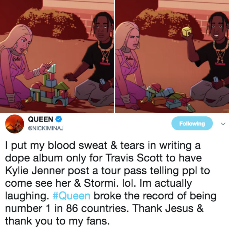 Nicki Minaj tweeting: &quot;I put my blood, sweat, and tears in writing a dope album, only for Travis Scott to have Kylie Jenner post a tour pass telling people to come see her and Stormi. I&#x27;m actually laughing&quot;