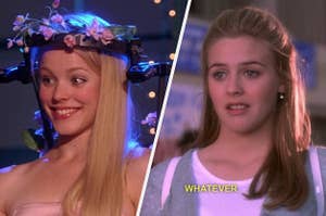 Regina George in her flower-covered back brace at the Spring Fling, and Cher saying "whatever"