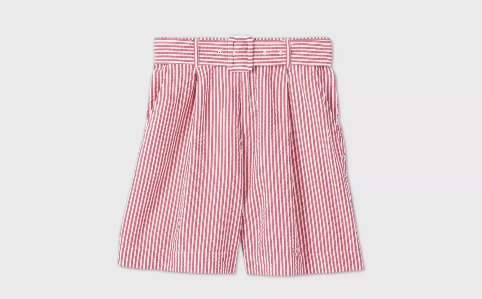 An image of red and white striped high-waisted shorts with a thick belt