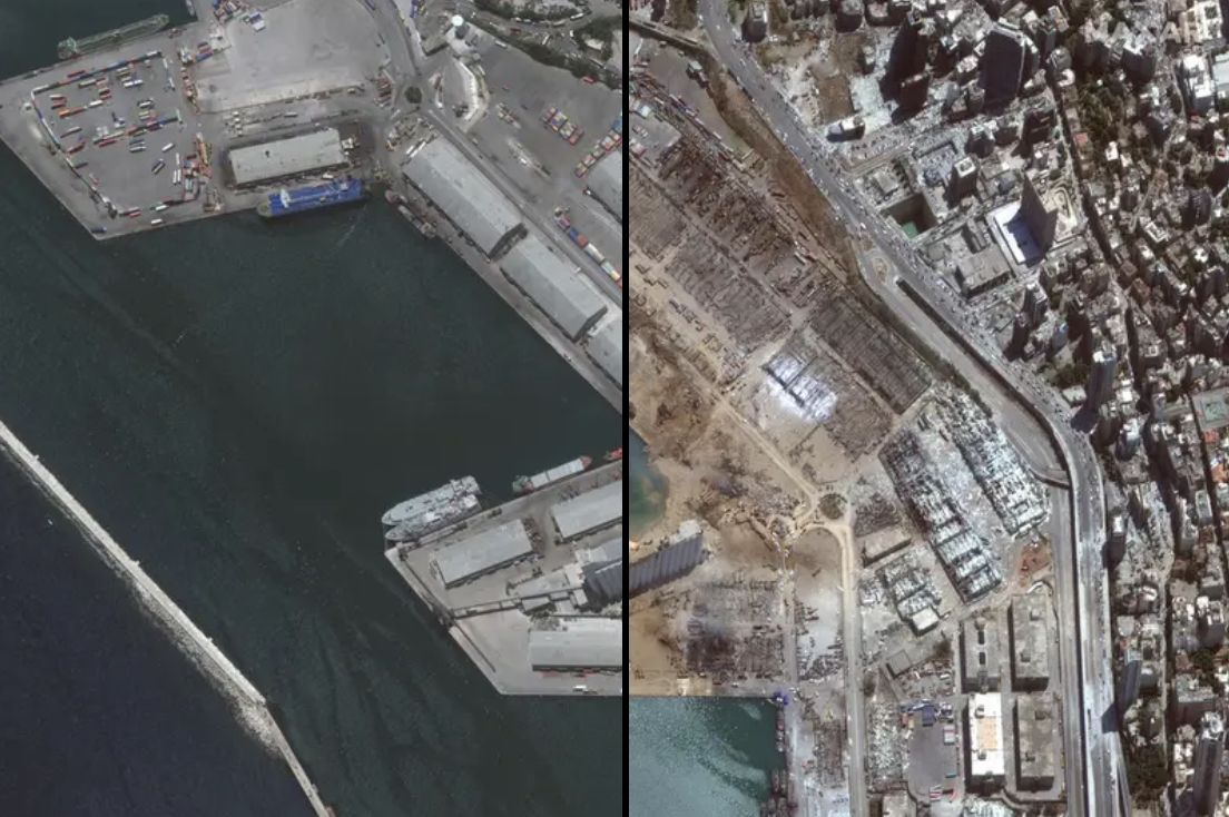 The port of Beirut is seen intact, and then destroyed, from an aerial view