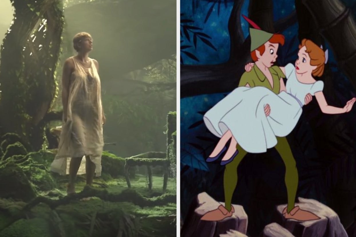 a still from &quot;cardigan&quot; with Taylor at the moss-covered piano and a still from Peter Pan with Peter holding Wendy