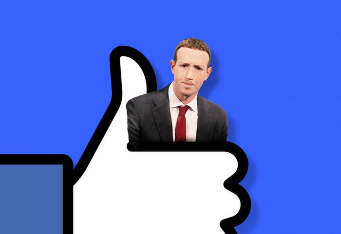 Mark Zuckerberg is being held tightly by a thumb&#x27;s up icon