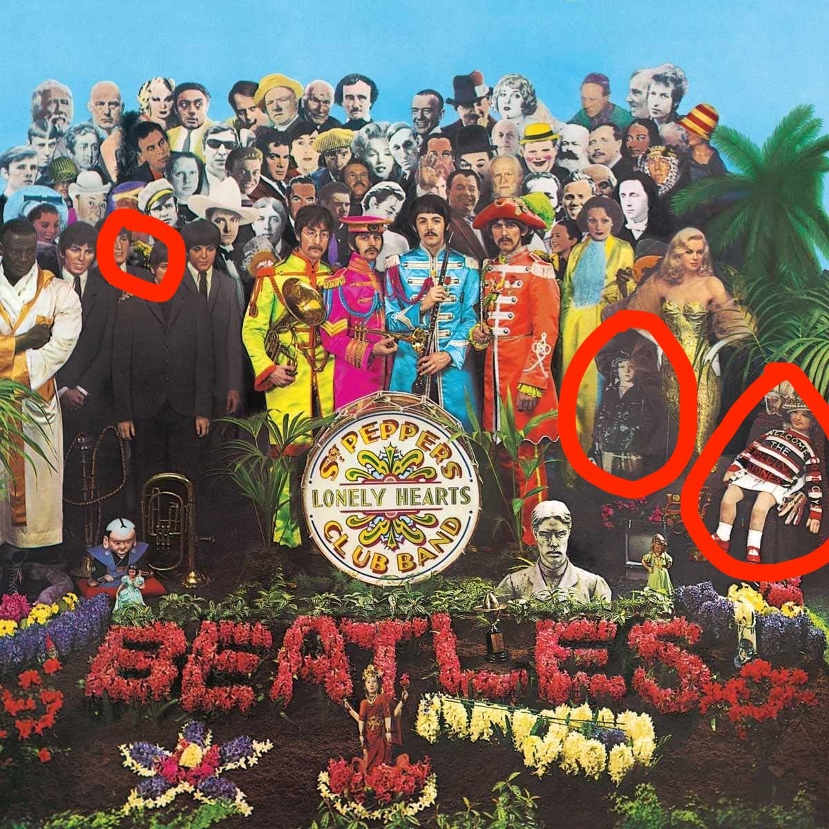 The Beatles&#x27; &quot;Sgt. Pepper&quot; album cover, featuring various celebrities -- including Shirley Temple three times in the front row
