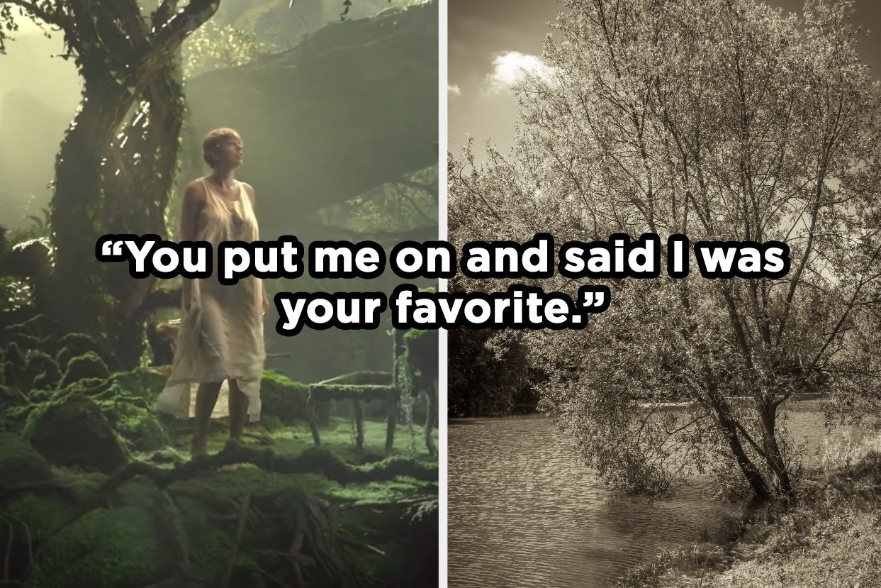 a still from &quot;cardigan&quot; with Taylor at the moss-covered piano and a picture from the folklore album with the words &quot;You put me on and said I was your favorite&quot;