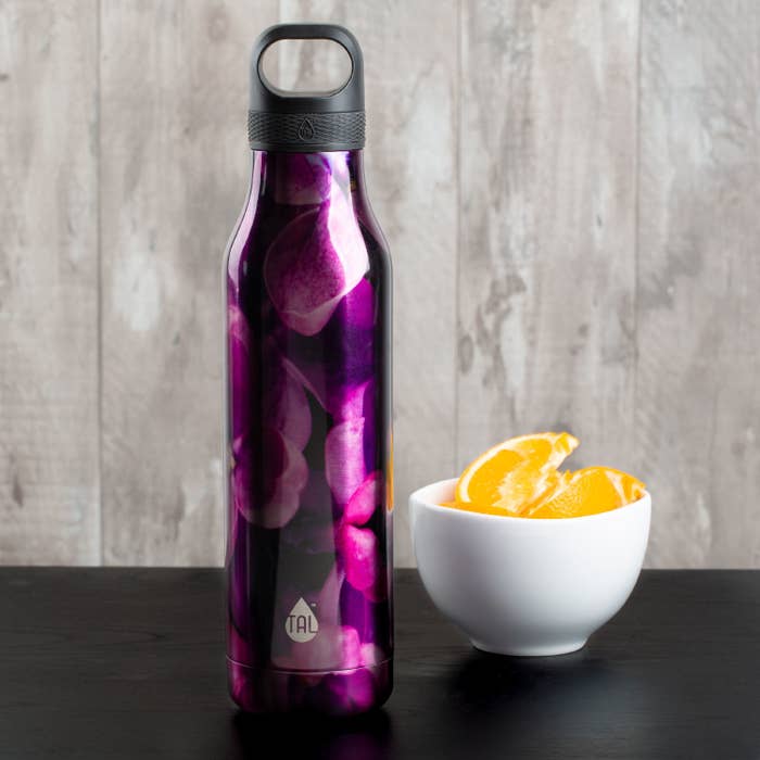 a purple floral water bottle