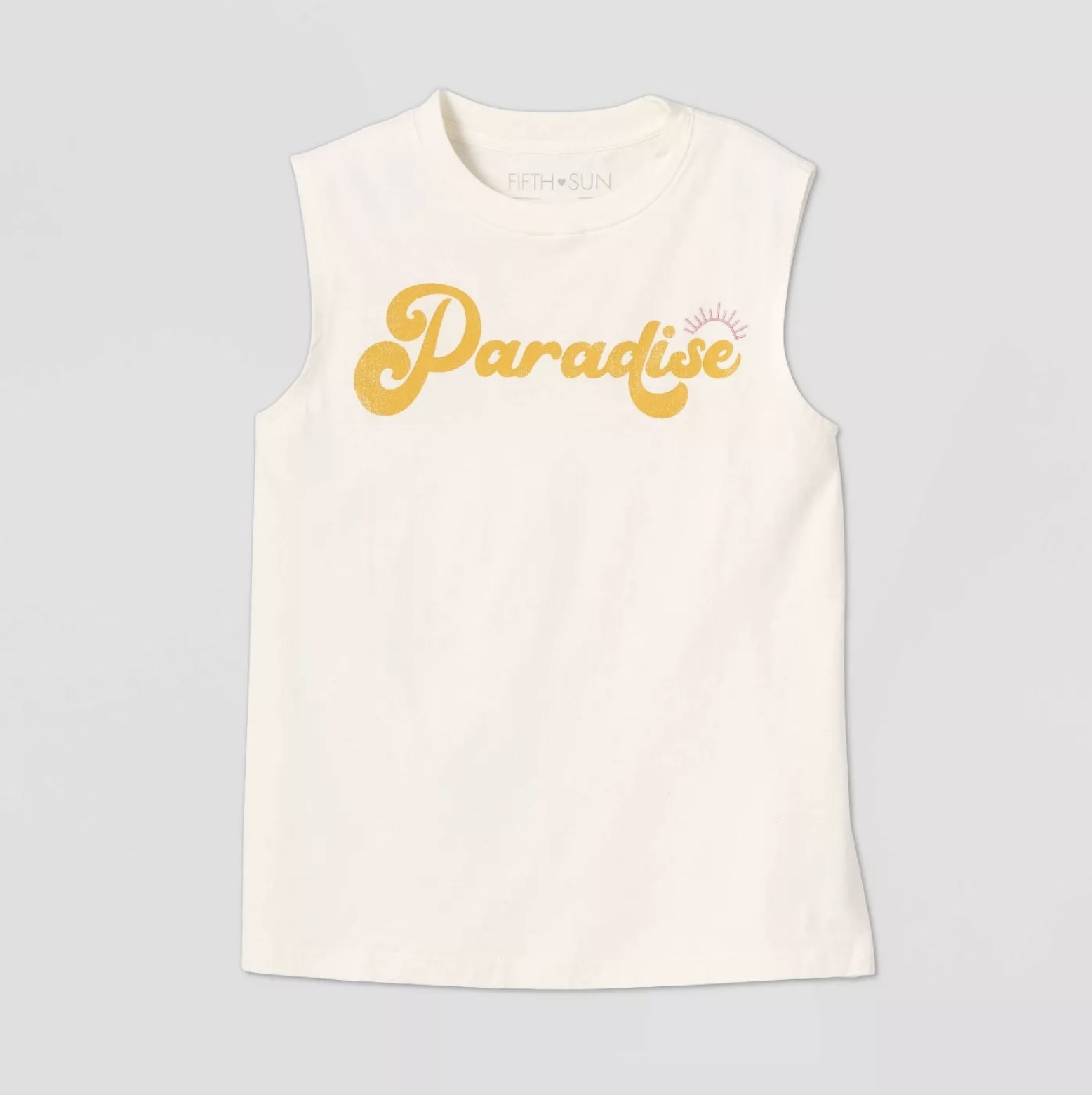 An image of an off-white sleeveless top with the word &quot;Paradise&quot; on the center in a retro font in a golden yellow color
