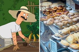 On the left, Bob from "Bob's Burger's" wears a sun hat and does some gardening, and on the right, a bakery display case full of scones, muffins, pies, and various other pastries
