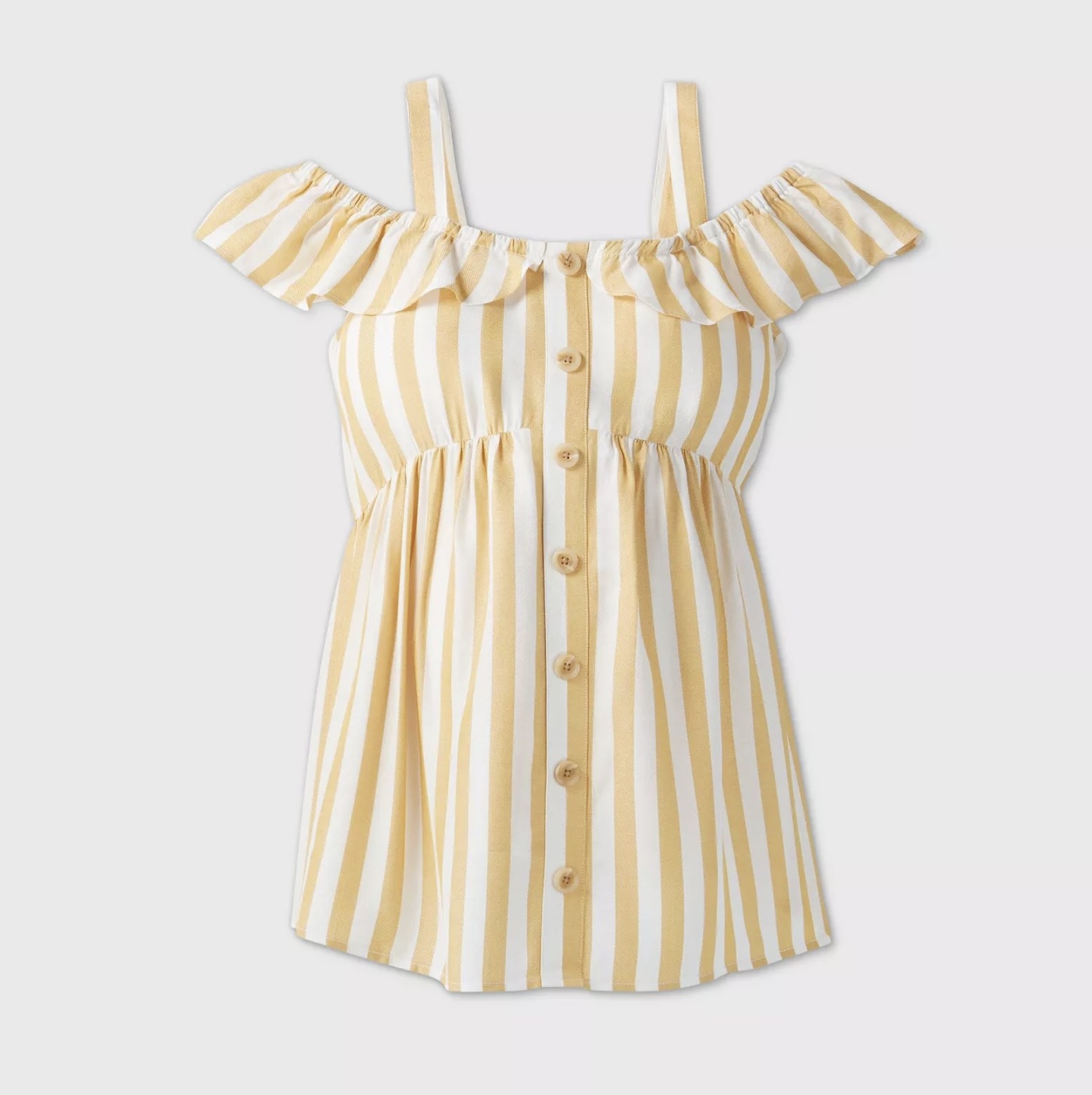The white and yellow vertically striped off-the-shoulder top with ruffled sleeves and thin shoulder straps with buttons down the front