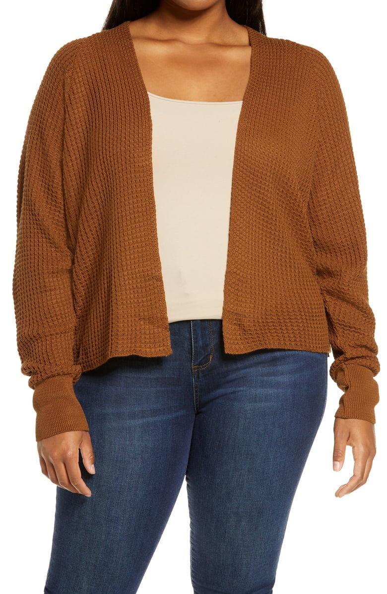 Close up of BP Bolman Waffle knit cardigan in brown coconut on plus size model