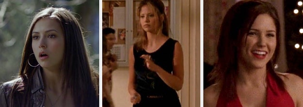 Elena from the vampire diaries in a long sleeve, a lacy tank, and a leather jacket. Buffy from Buffy the Vampire Slayer in a sleeveless minidress and high boots. Brooke from One Tree Hill in a v neck halter dress