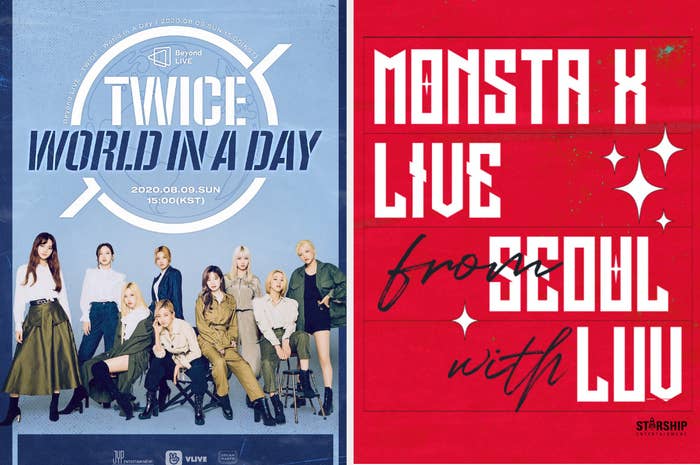 Posters of TWICE's World in a Day concert and Monsta X's Live from Seoul With Luv