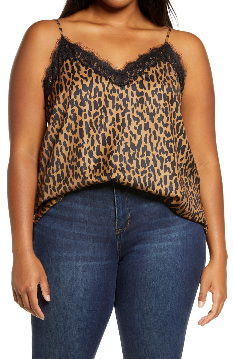 A plus size model wears the Leopard Print Lace Trim Camisole