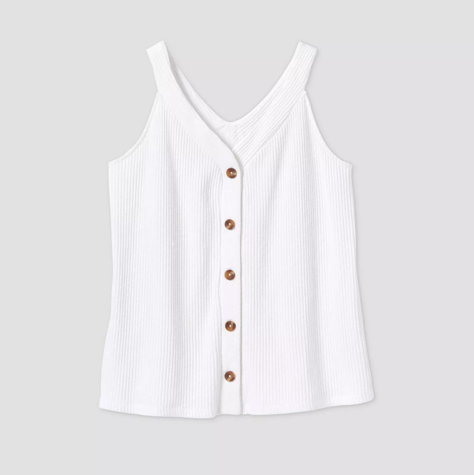 An image of a ribbed white tank top with a v-neck and front buttons