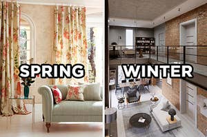 On the left, a beautiful sun-filled living room with tile floor, a couch, and floral curtains with "spring" typed on top of the image, and on the right, a view from a loft overlooking a modern living room with "winter" typed on top of the image