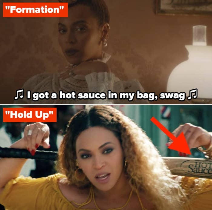 Beyonce singing, &quot;I got hot sauce in my bag, swag;&quot; Beyonce holding a bat behind her arms that reads: &quot;Hot Sauce&quot;