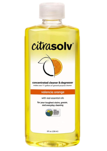 Clear bottle filled with yellow liquid that says &quot;citrasolv concentrated cleaner &amp;amp; degreaser&quot;