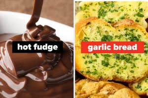 A image of hot fudge on the left and garlic bread on the right